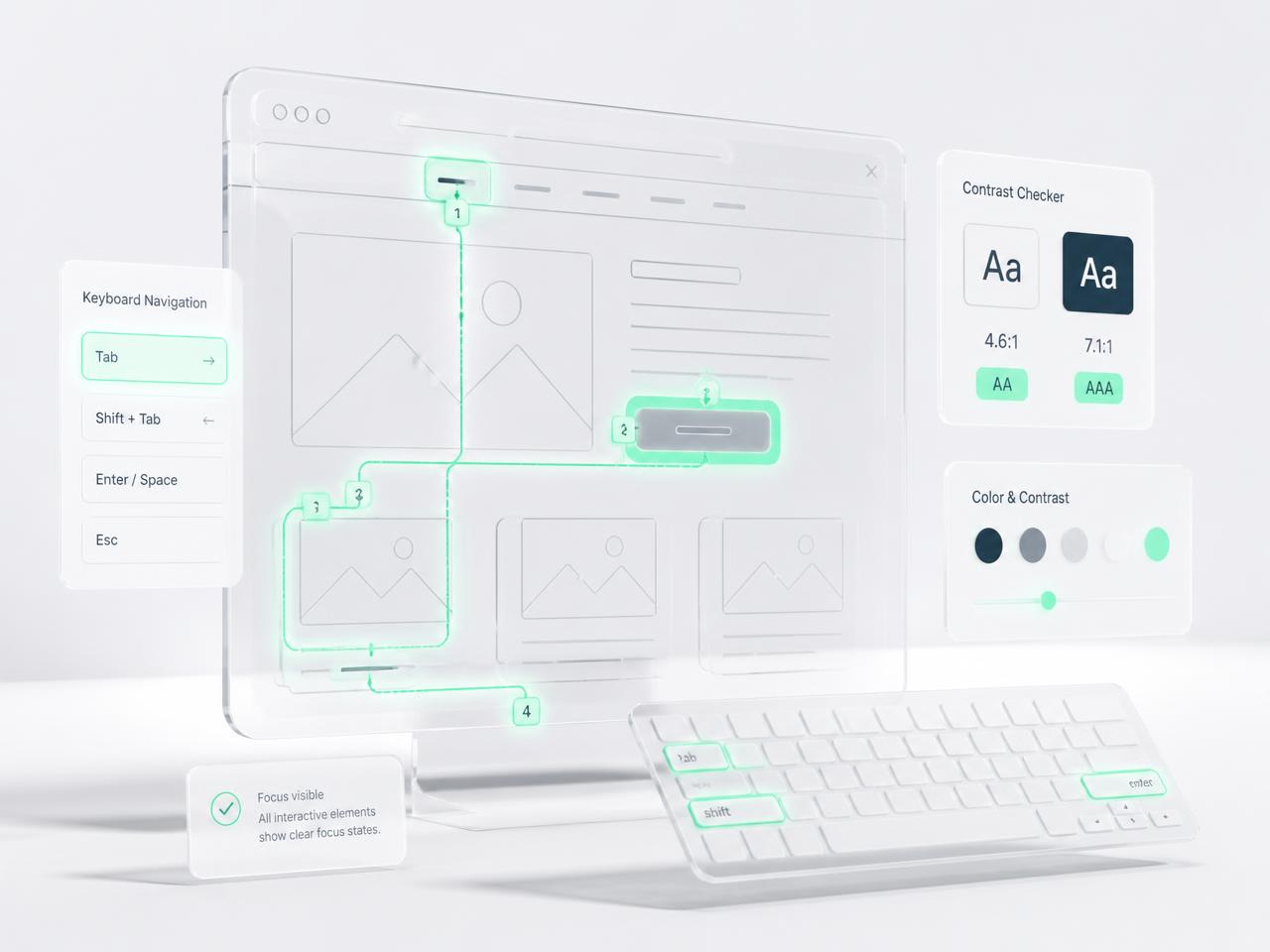 Accessibility testing view with focus outlines, keyboard path and contrast checks