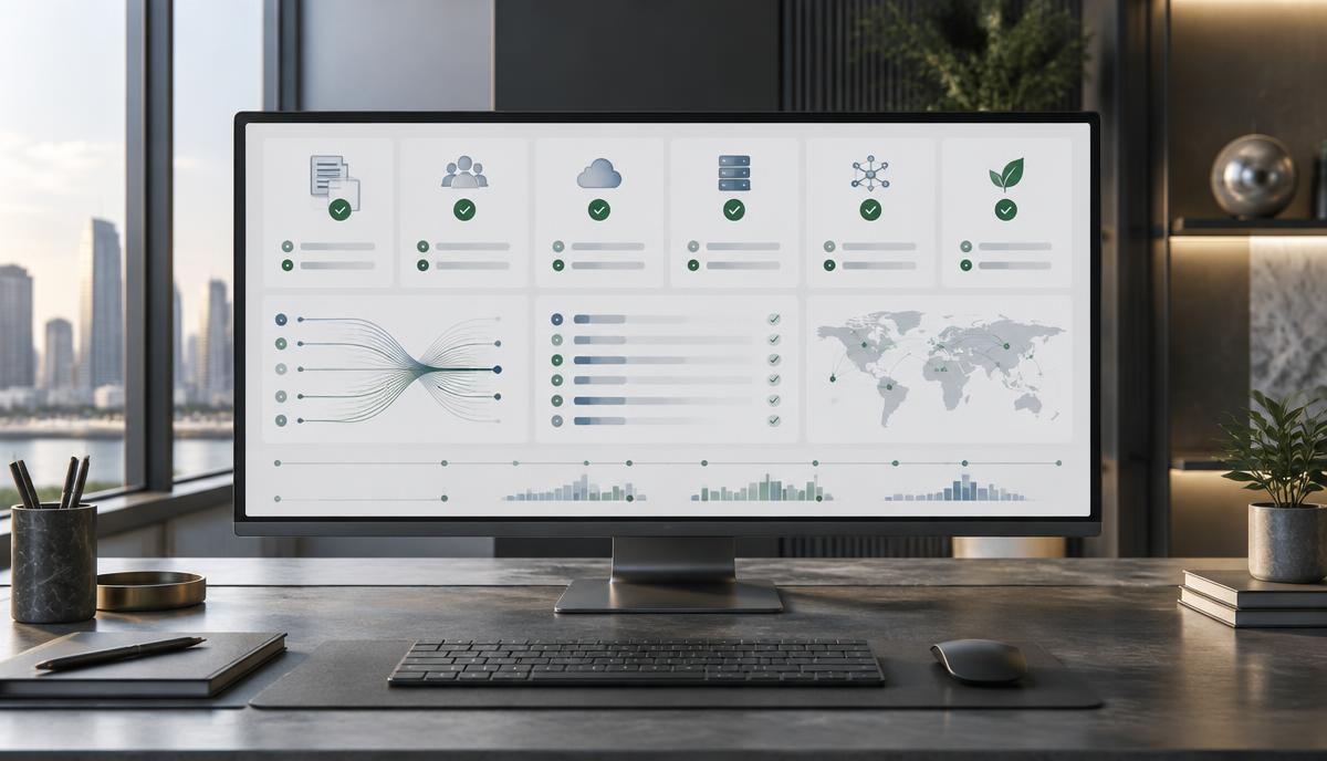 Enterprise compliance command center displaying six assessment domains, evidence flows, findings, and verification states