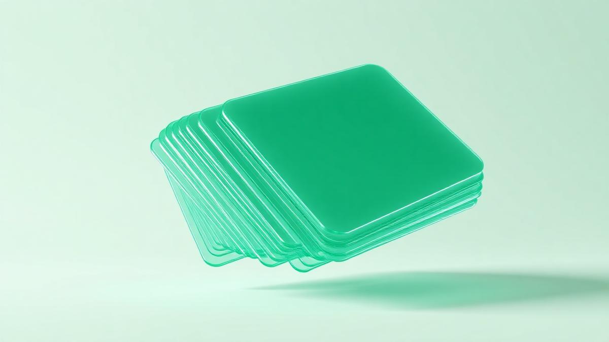 Fanned stack of translucent green record cards