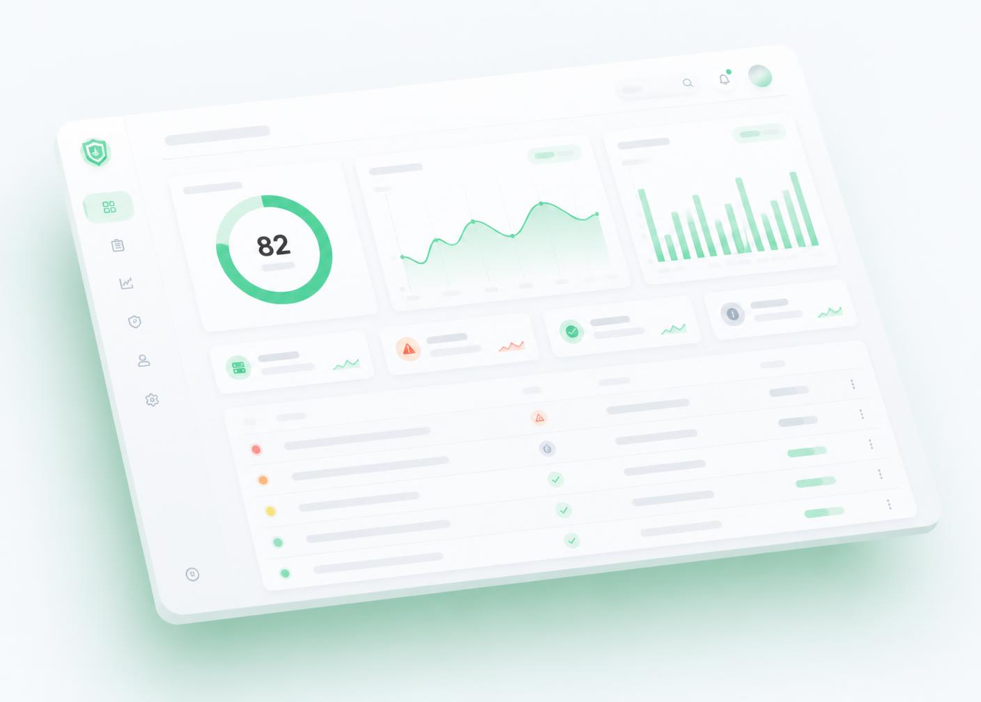 ComplyMynt findings workspace showing a compliance score, trend charts, and a prioritized findings list