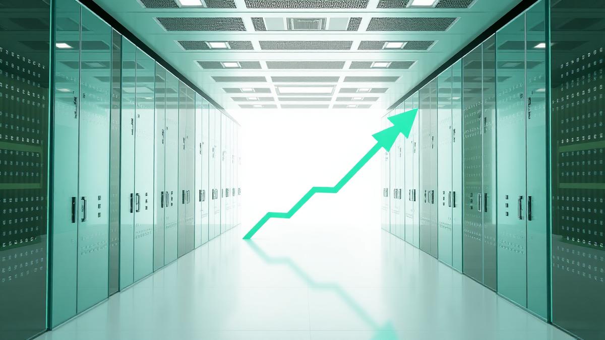 Corridor of glass data-room cabinets with an upward green trend arrow