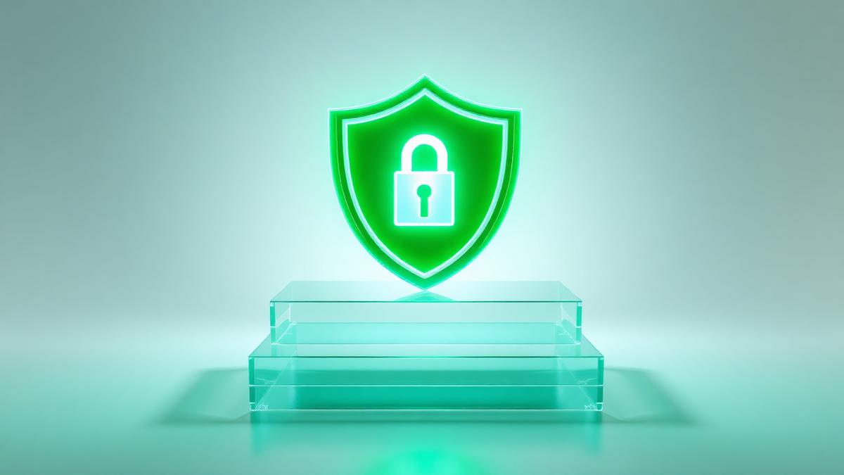 Glowing green security shield with a padlock on a glass platform