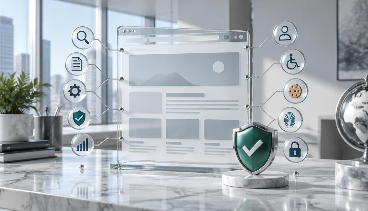 Glass website interface surrounded by ten privacy, accessibility, consent, and security inspection symbols with an emerald shield