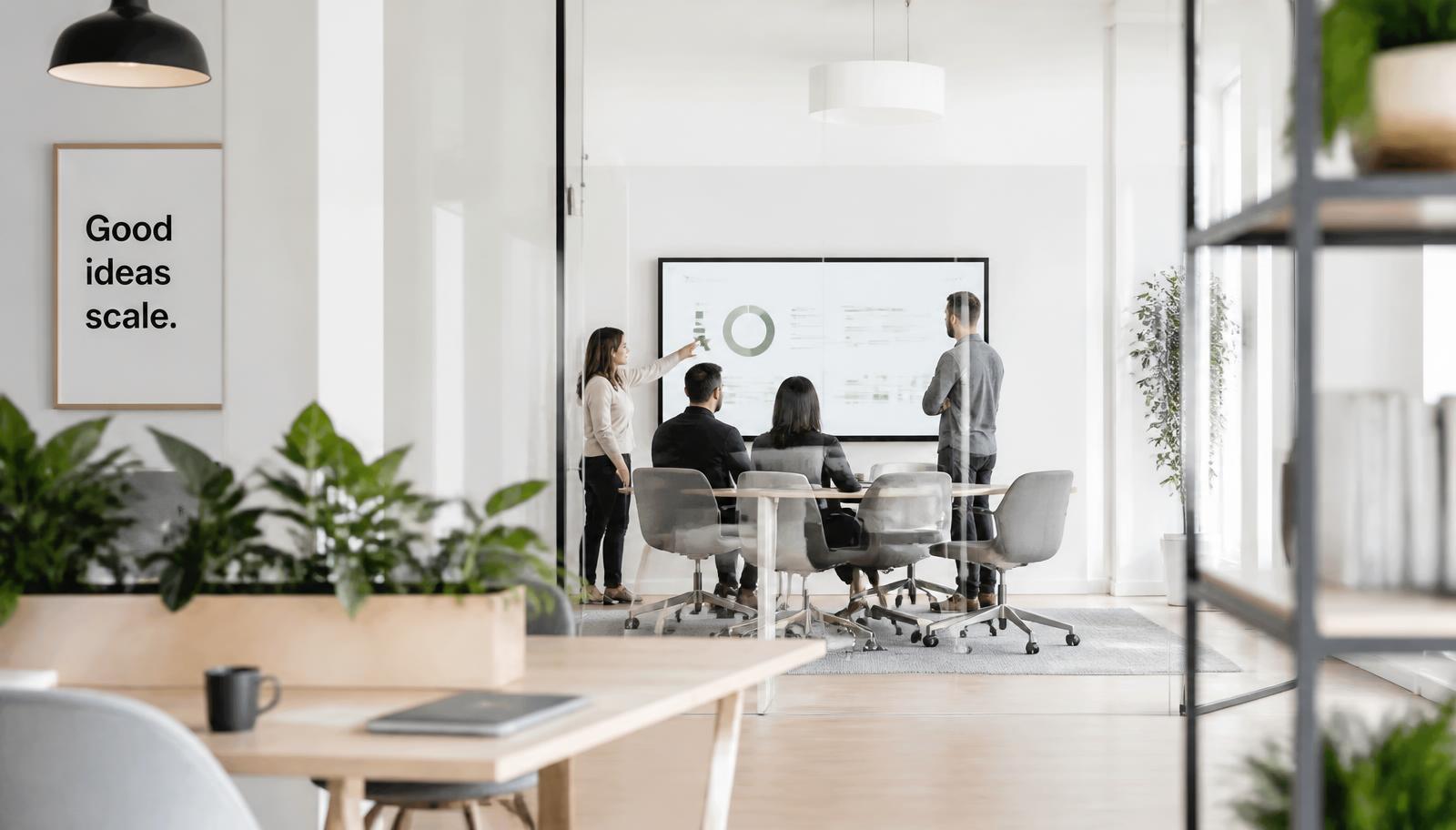 Enterprise team reviewing an audit findings dashboard in a modern office