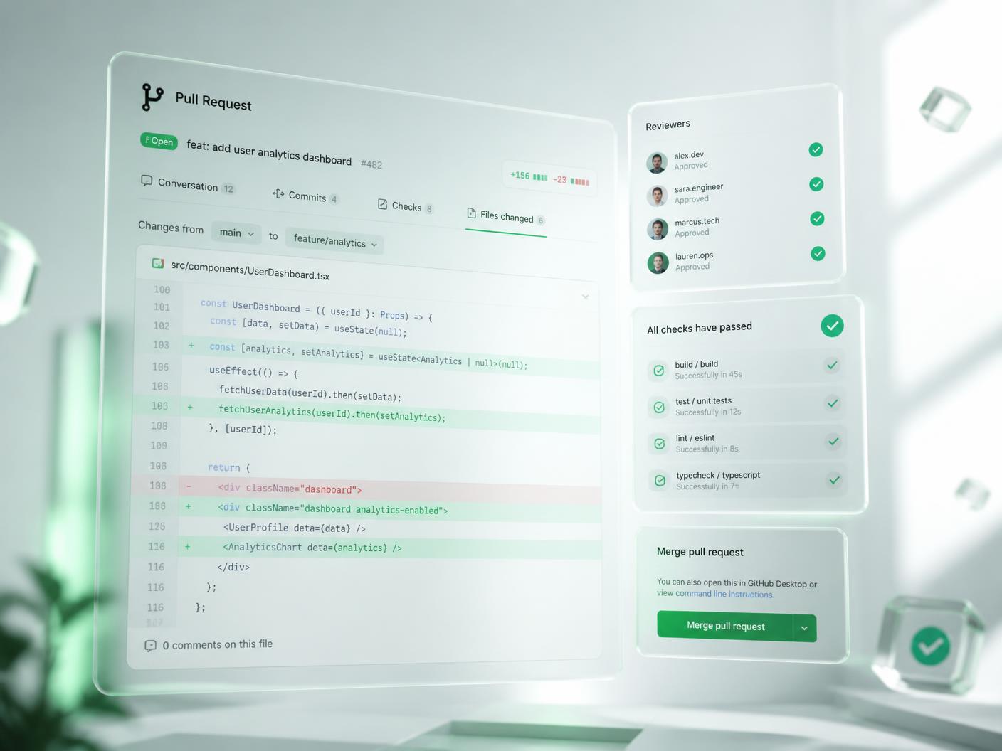 Floating glass pull request panels with approved reviews and passing compliance checks