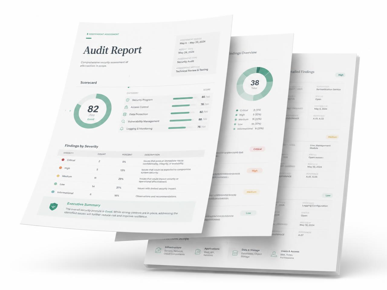 Preview of a ComplyMynt audit report showing the executive summary and scored findings register