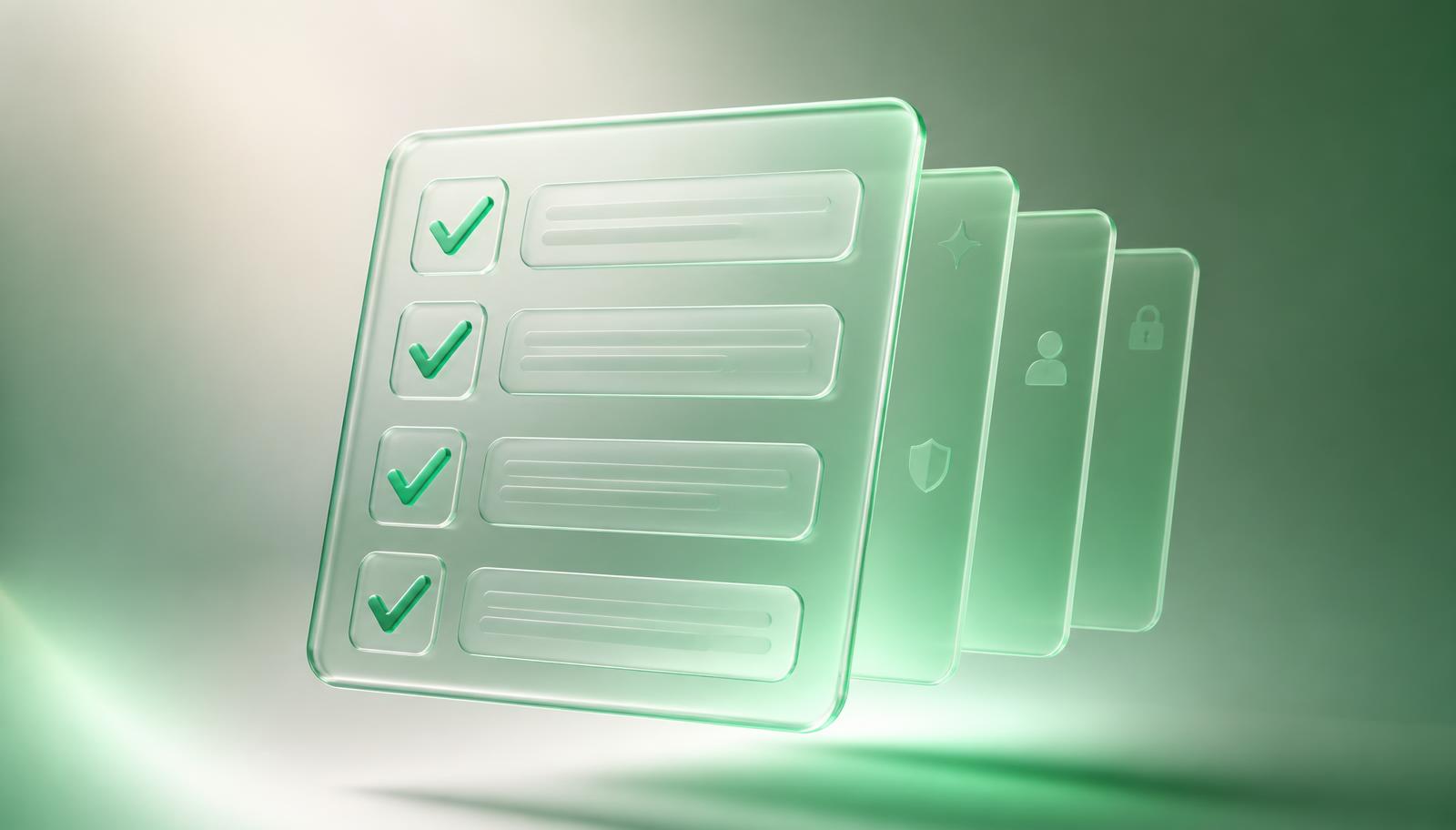 Glass compliance checklist panel with mint checkmarks and layered privacy, AI, and security cards