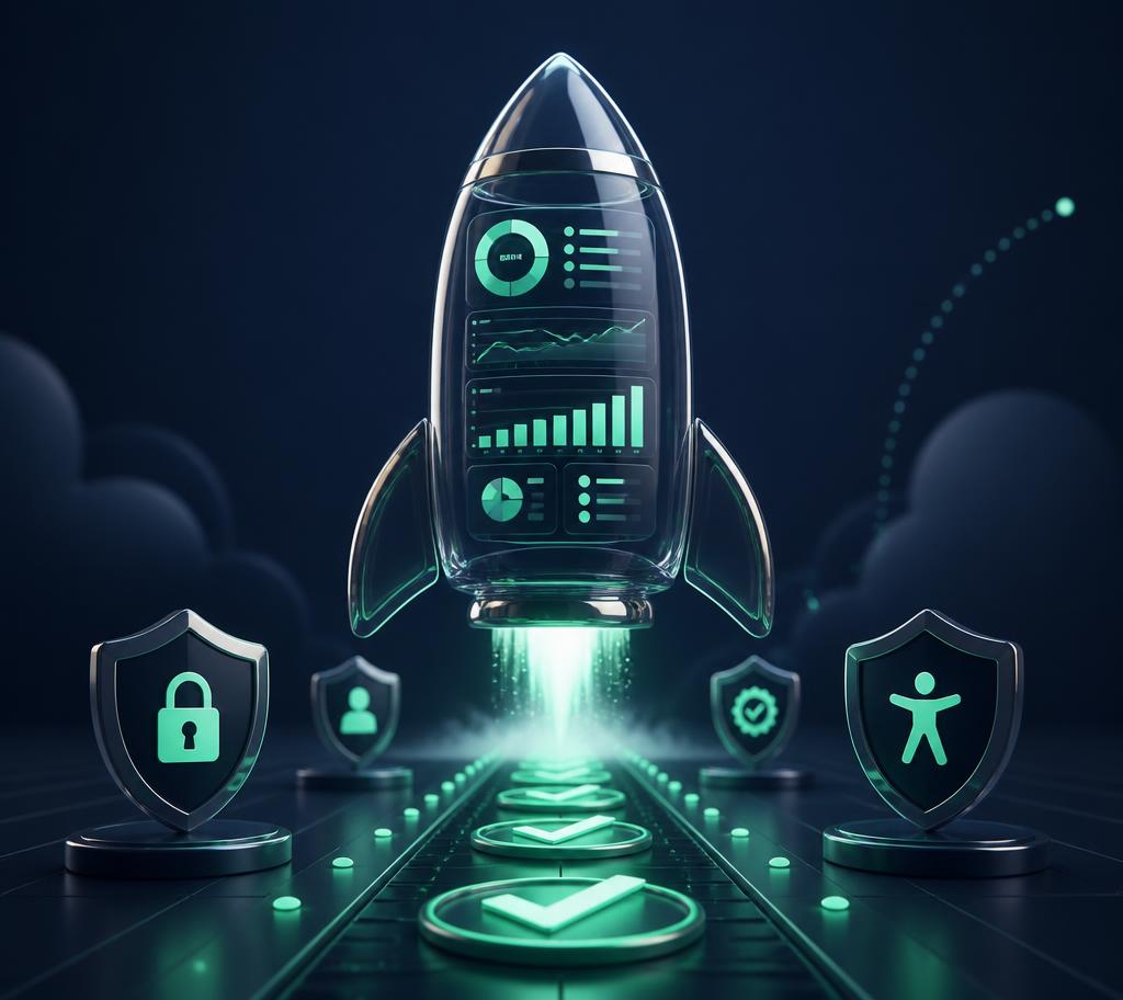 Glass rocket-shaped SaaS dashboard launching over a runway of glowing compliance shields for privacy, consent, accessibility, and security