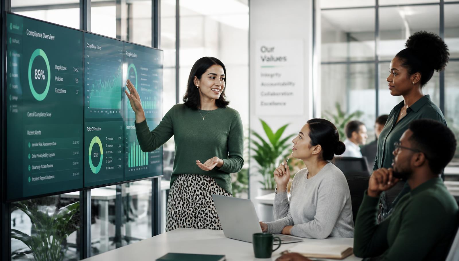 ComplyMynt analysts reviewing compliance dashboards on large screens in a modern office